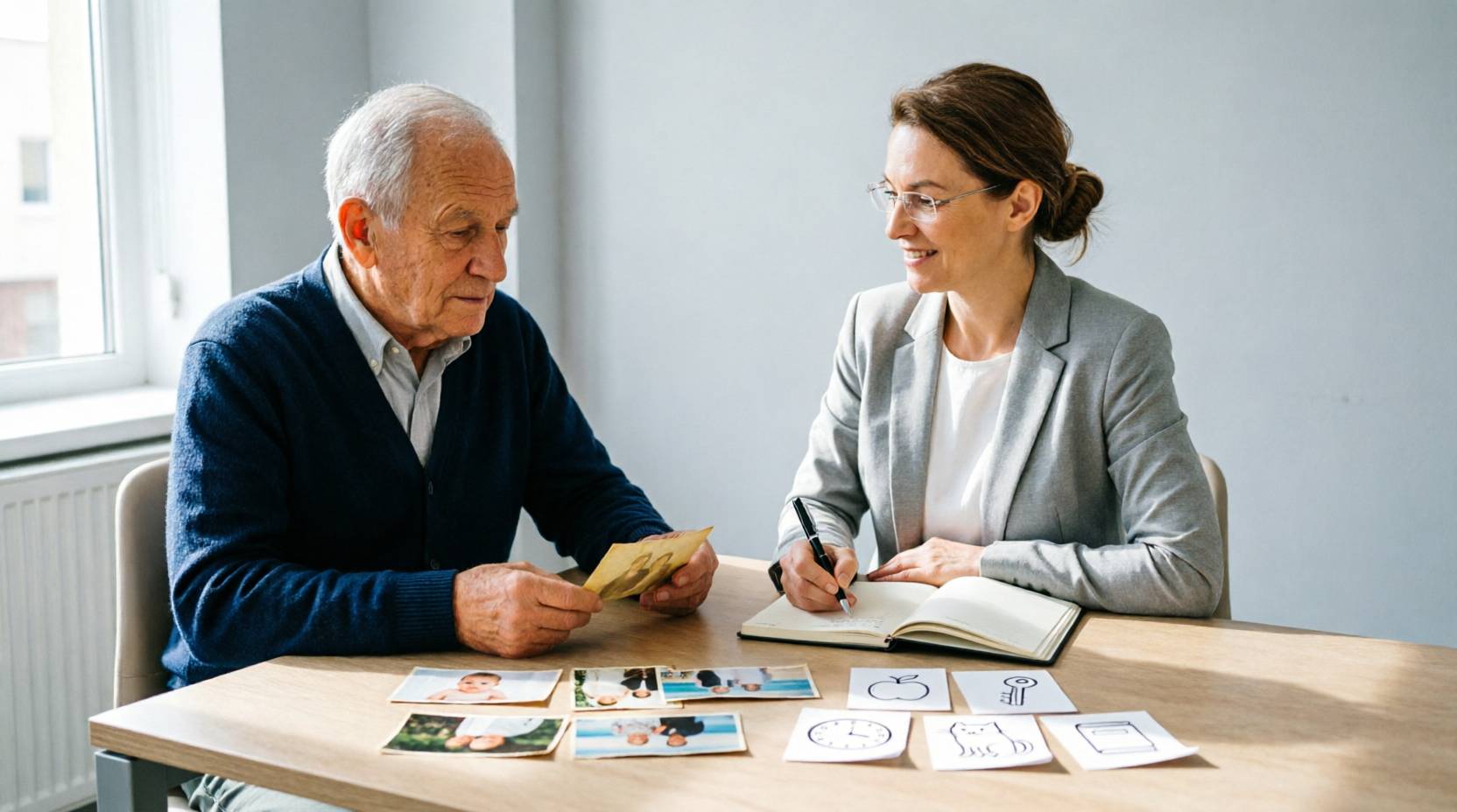 Пожилой мужчина выполняет задание на память с психологом